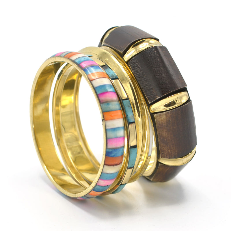 GOLD BRASS WOOD AND RESIN MULTICOLOR 4 PCS BANGLE SET