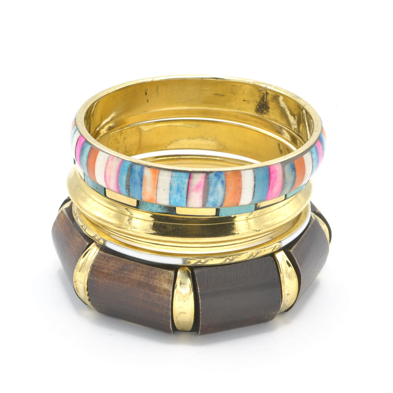 GOLD BRASS WOOD AND RESIN MULTICOLOR 4 PCS BANGLE SET