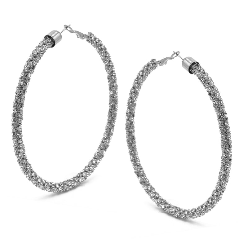 RHODIUM RHINESTONE WRAPPED HOOP EARRINGS