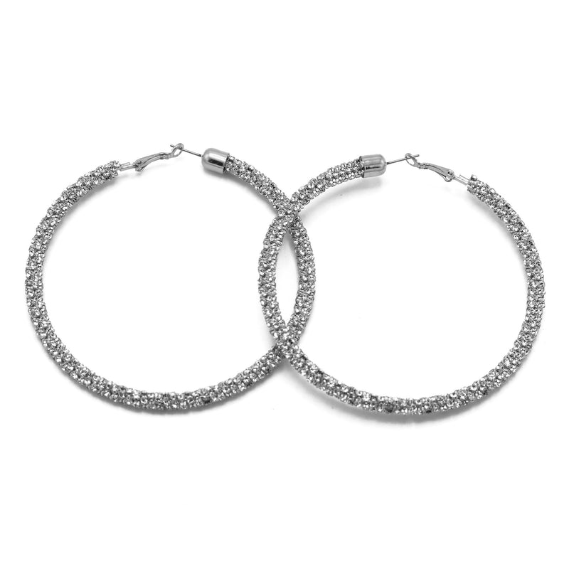 RHODIUM RHINESTONE WRAPPED HOOP EARRINGS