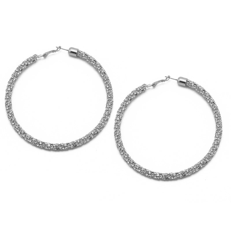 RHODIUM RHINESTONE WRAPPED HOOP EARRINGS