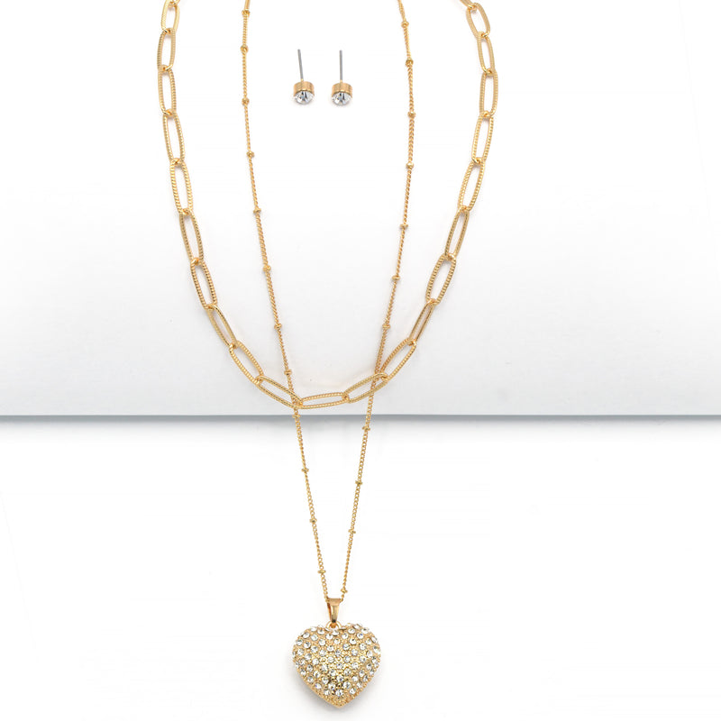 Gold Heart Crystal Pendant Necklace And Earrings Set# # HNN+E90640GC Gold Crystal(SE6)SF6)