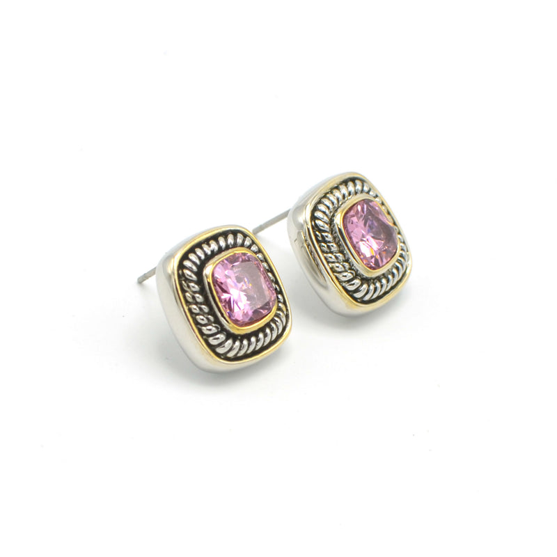 TWO TONE ROSE CRYSTAL SQUARE EARRINGS SET