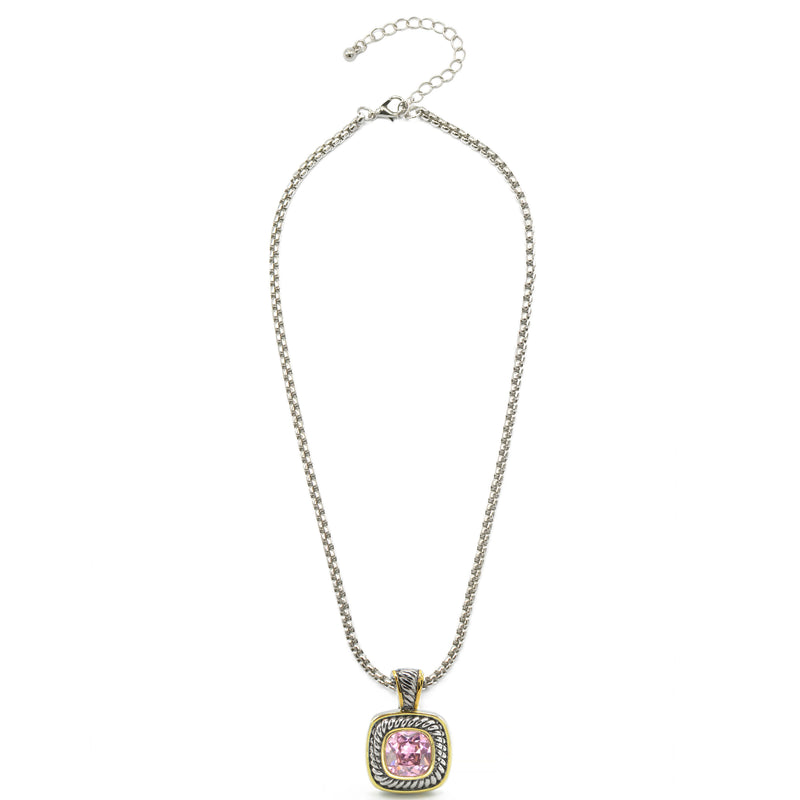 TWO TONE ROSE CRYSTAL SQUARE PENDANT BOX CHAIN NECKLACE