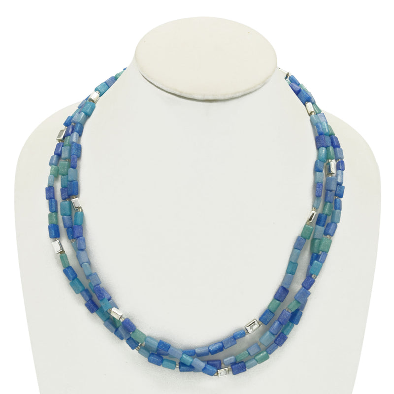 SILVER TURQUOISE AND BLUE RECTANGLE BEADS LAYER NECKLACE