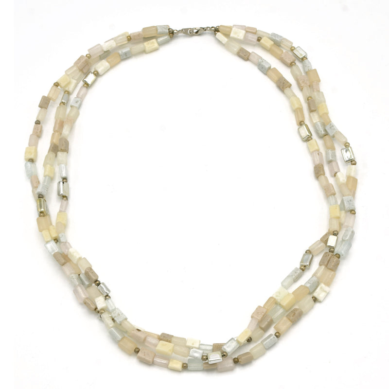 SILVER  WHITE CREAM AND GRAY RECTANGLE BEADS LAYER NECKLACE