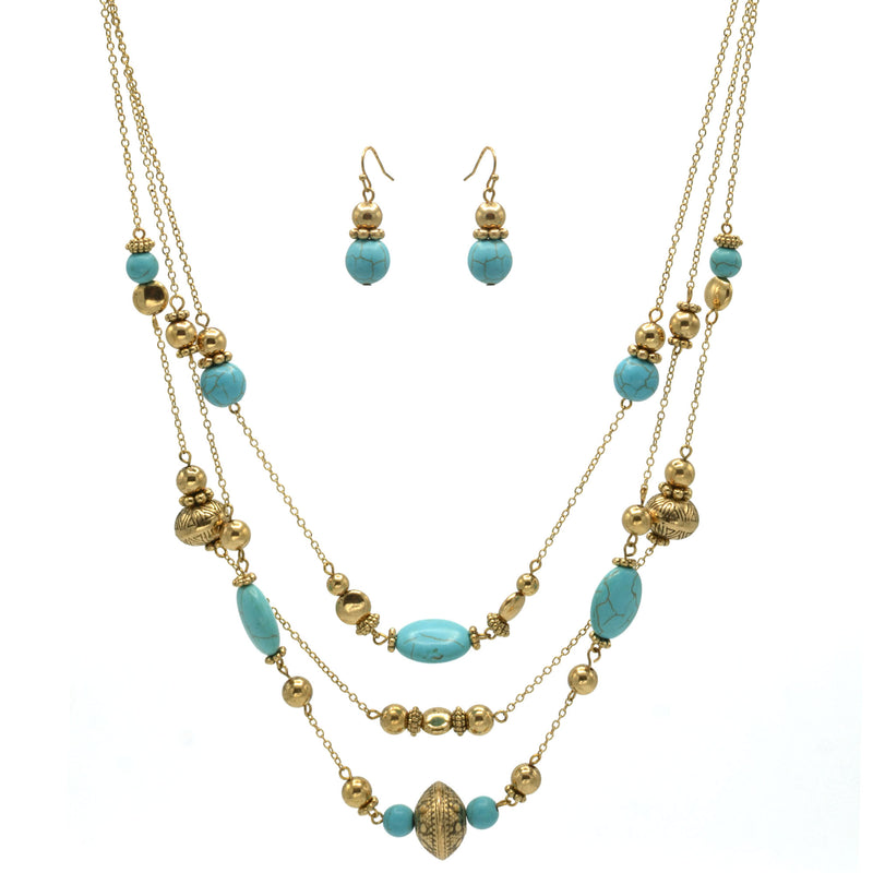 GOLD AND TURQUOISE BEADS LAYER NECKLACE AND EARRINGS SET