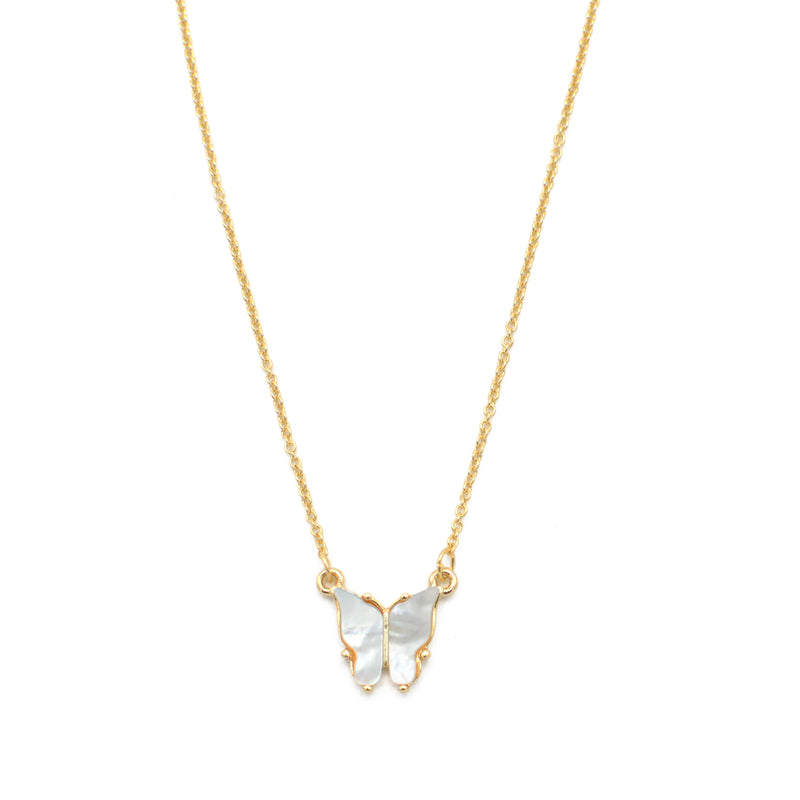 GOLD MOTHER OF PEARL BUTTERFLY PENDANT SHORT NECKLACE