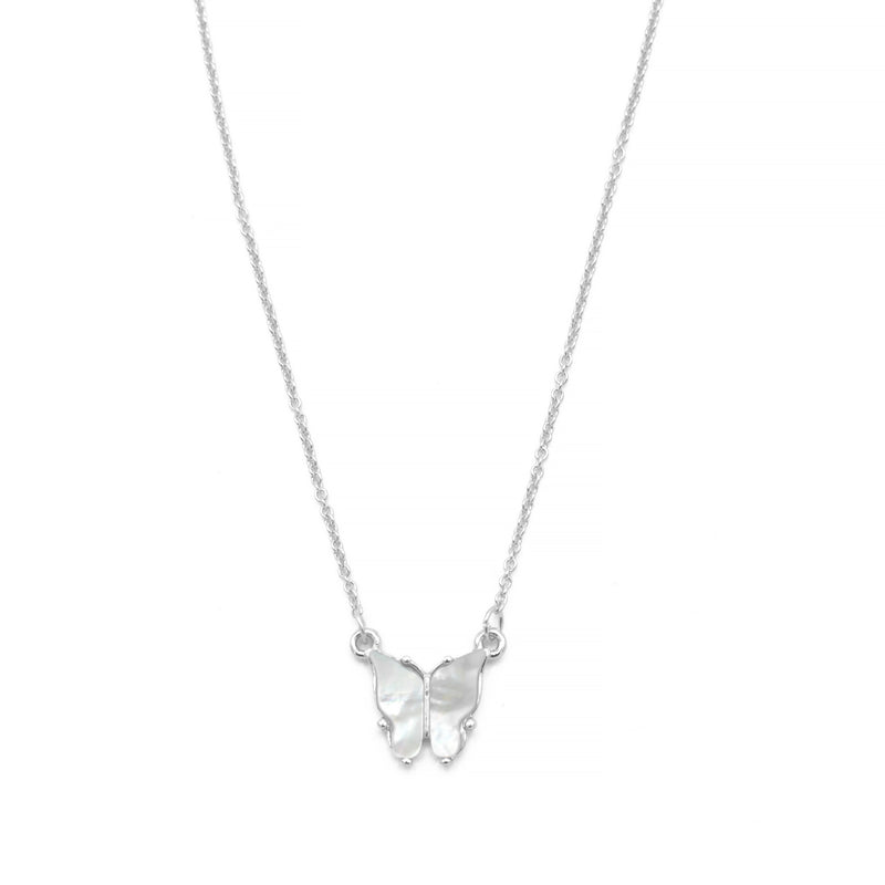 RHODIUM MOTHER OF PEARL BUTTERFLY PENDANT SHORT NECKLACE