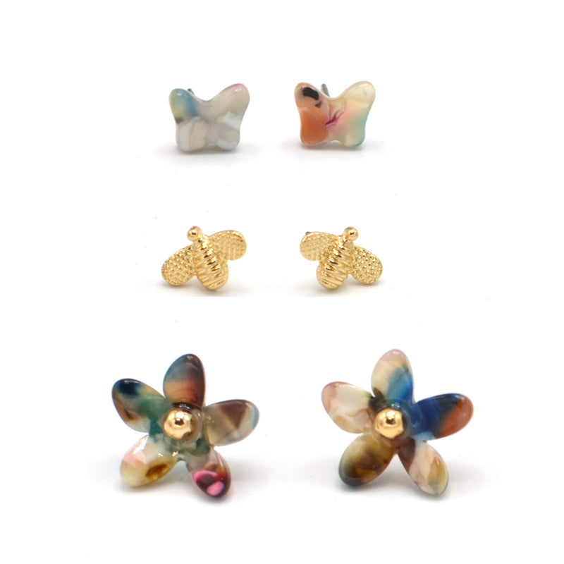 GOLD MULTI COLOR BUTTERFLY AND FLOWER STUD EARRING