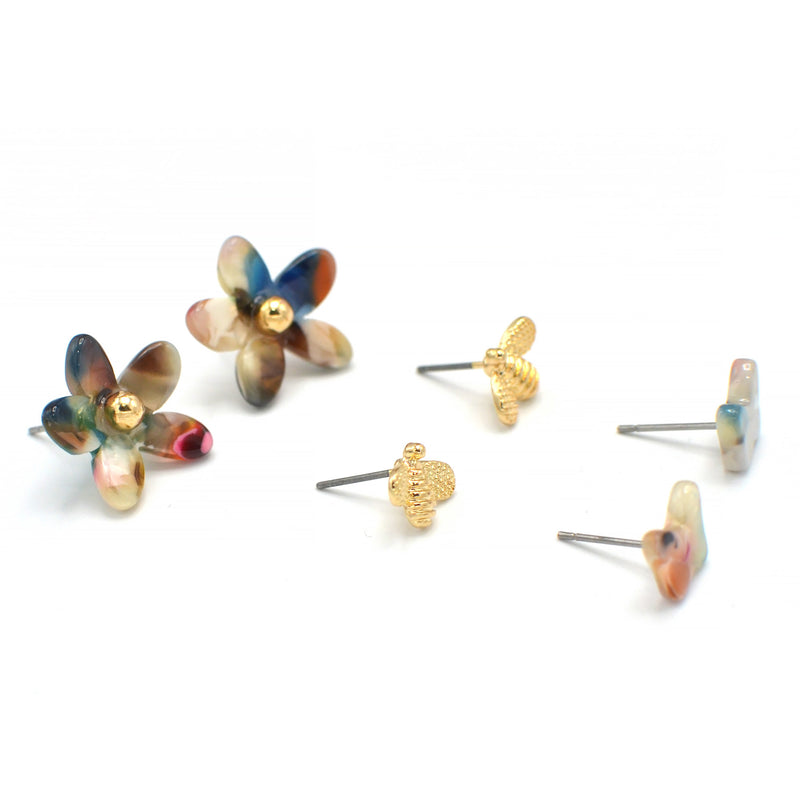 GOLD MULTI COLOR BUTTERFLY AND FLOWER STUD EARRING