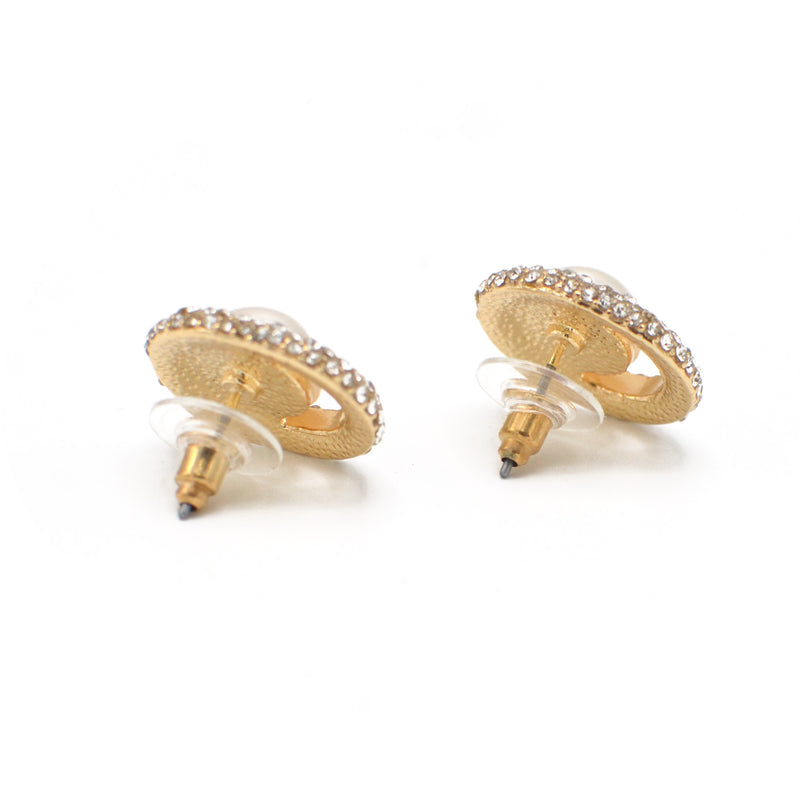 GOLD CRYSTAL AND CREAM PEARL OVAL STUD EARRINGS