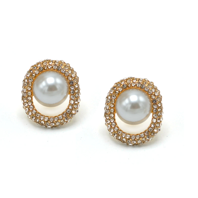 GOLD CRYSTAL AND CREAM PEARL OVAL STUD EARRINGS