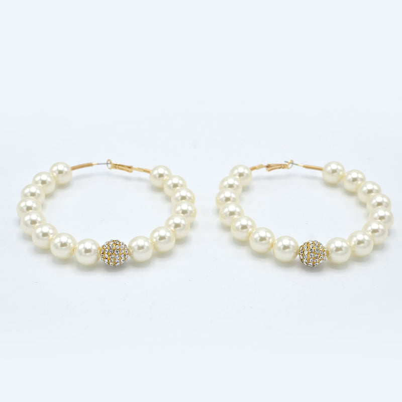 GOLD CREAM PEARL AND CRYSTAL PAVE BALL HOOP EARRINGS