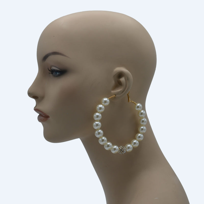 GOLD CREAM PEARL AND CRYSTAL PAVE BALL HOOP EARRINGS