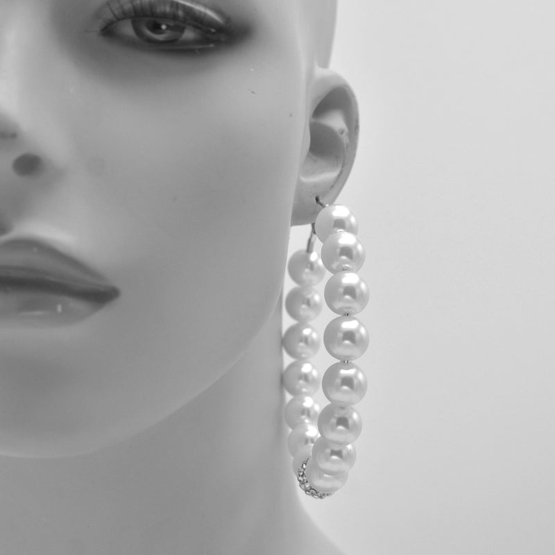 SILVER WHITE PEARL AND CRYSTAL PAVE BALL HOOP EARRINGS