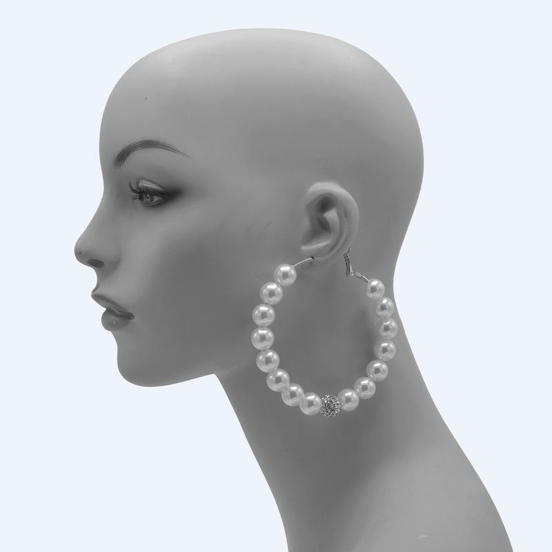 SILVER WHITE PEARL AND CRYSTAL PAVE BALL HOOP EARRINGS