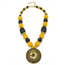 BLACK & AMBER BEADS WITH ROUND GOLD PENDANT NECKLACE