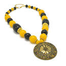 BLACK & AMBER BEADS WITH ROUND GOLD PENDANT NECKLACE