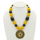 BLACK & AMBER BEADS WITH ROUND GOLD PENDANT NECKLACE