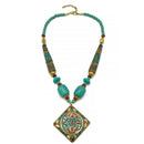 GOLD AND TURQUOISE BEADS SQUARE PENDANT NECKLACE
