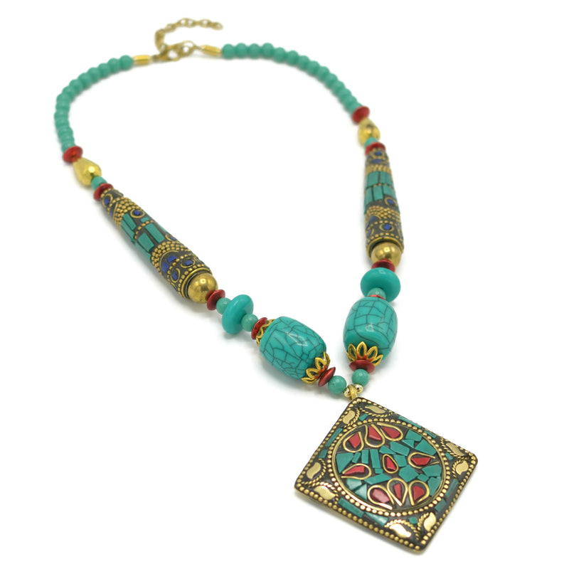 GOLD AND TURQUOISE BEADS SQUARE PENDANT NECKLACE