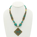GOLD AND TURQUOISE BEADS SQUARE PENDANT NECKLACE