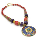 CORAL & PURPLE  BEAD MULTI-COLOR GOLD ROUND PENDANT NECKLACE