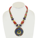 CORAL & PURPLE  BEAD MULTI-COLOR GOLD ROUND PENDANT NECKLACE
