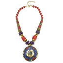 CORAL & PURPLE  BEAD MULTI-COLOR GOLD ROUND PENDANT NECKLACE