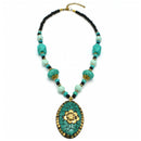 TURQUOISE AND BLACK BEADS WITH GOLD OVAL PENDANT NECKLACE