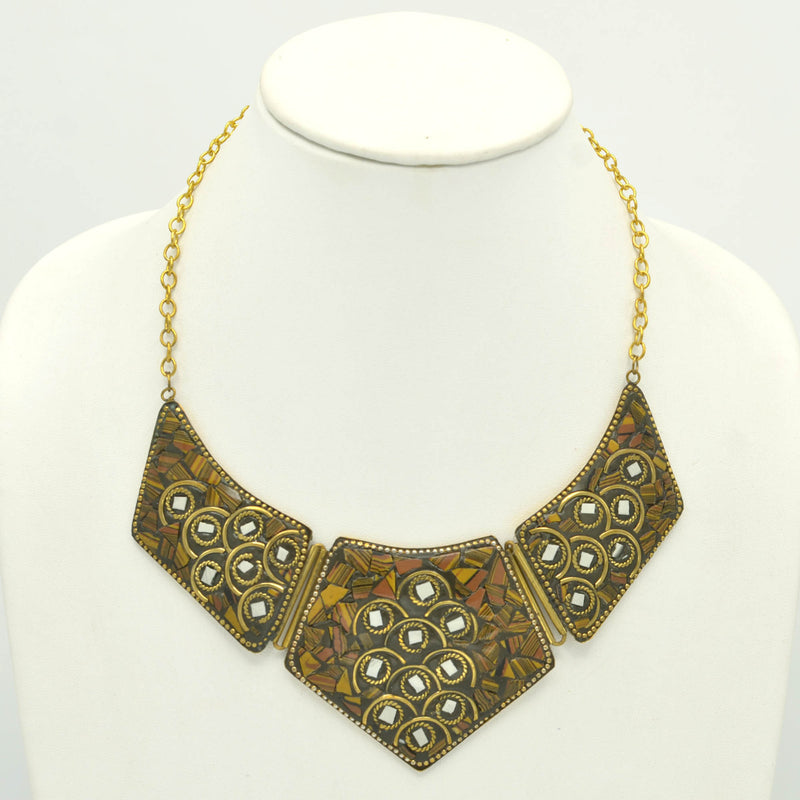 GOLD BROWN AND WHITE BIB NECKLACE AND EARRINGS SET