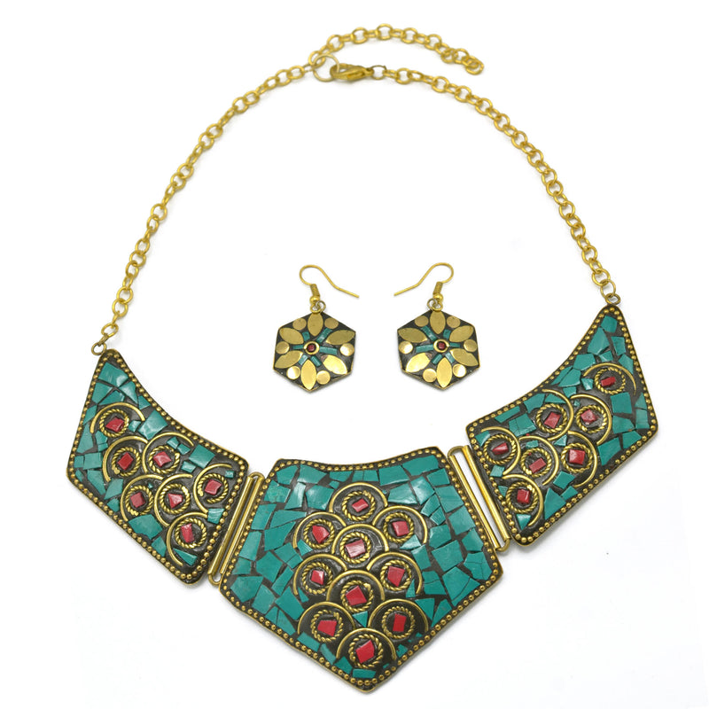 GOLD TURQUOISE BIB NECKLACE AND EARRINGS SET