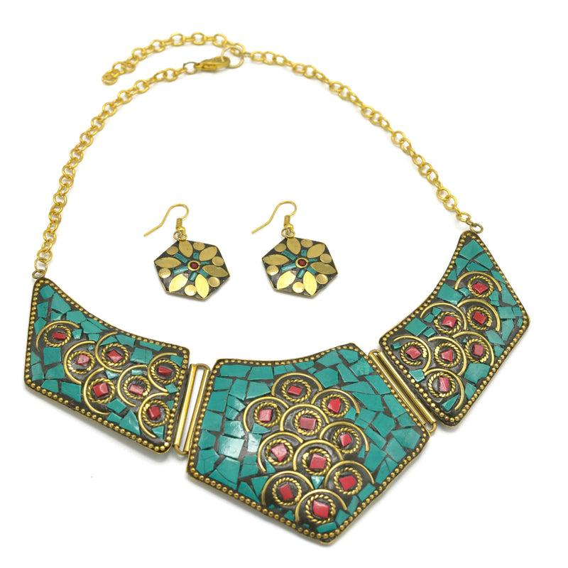 GOLD TURQUOISE BIB NECKLACE AND EARRINGS SET