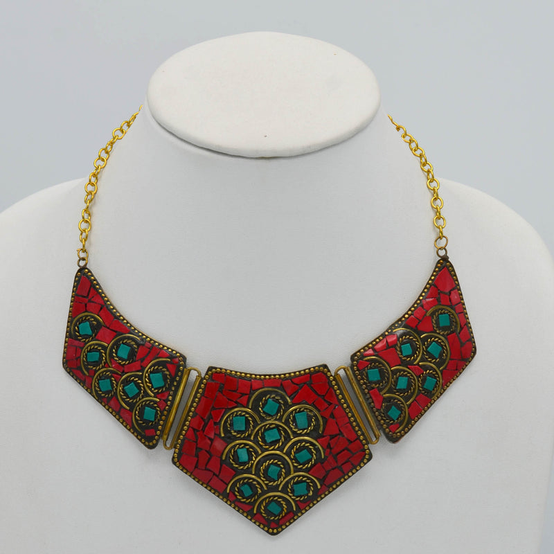 GOLD CORAL AND TURQUOISE BIB NECKLACE AND EARRINGS SET