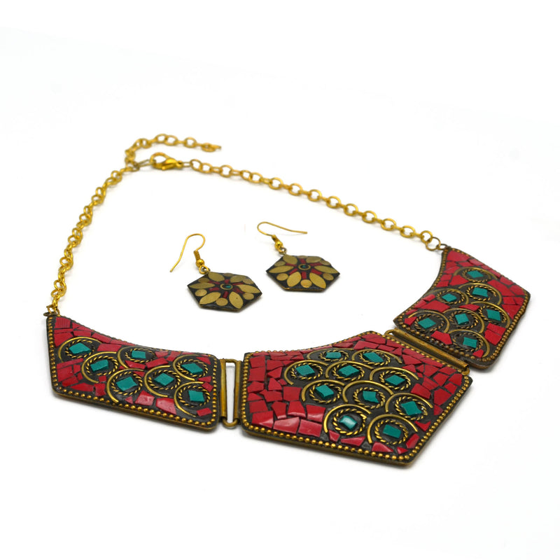 GOLD CORAL AND TURQUOISE BIB NECKLACE AND EARRINGS SET