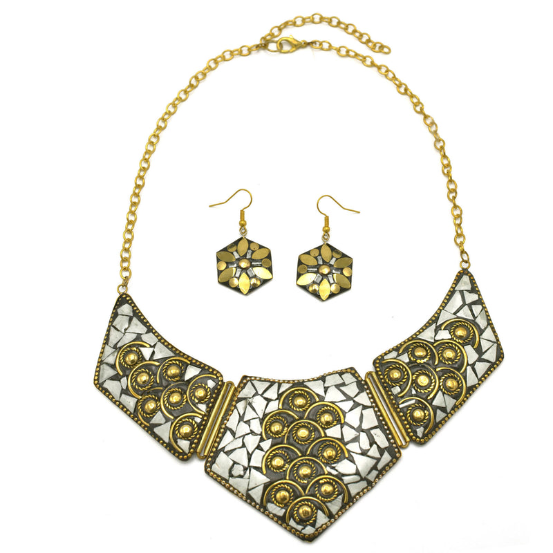 GOLD AND WHITE BIB NECKLACE AND EARRINGS SET
