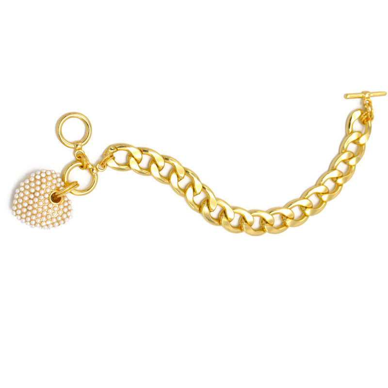 Cream Pearl Gold Heart Charm  Cuban Chain Bracelet