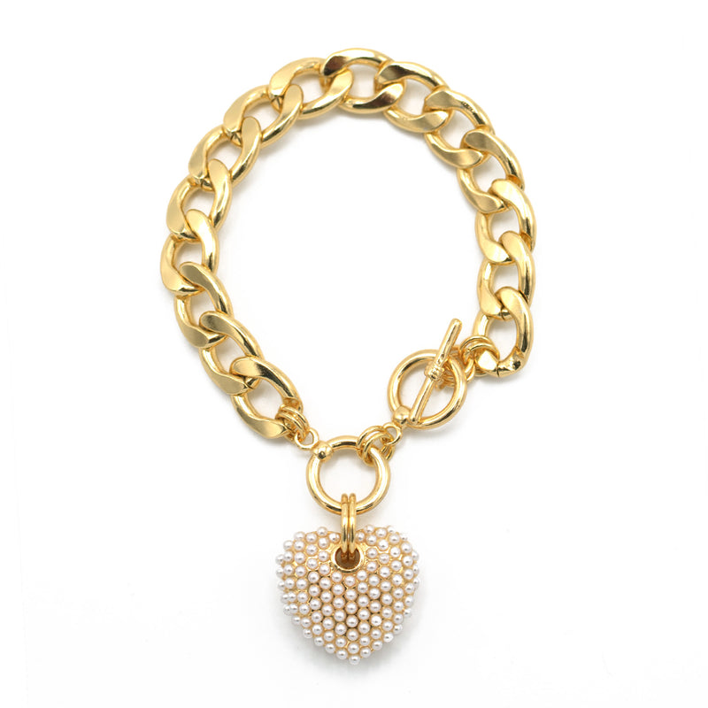 Cream Pearl Gold Heart Charm  Cuban Chain Bracelet
