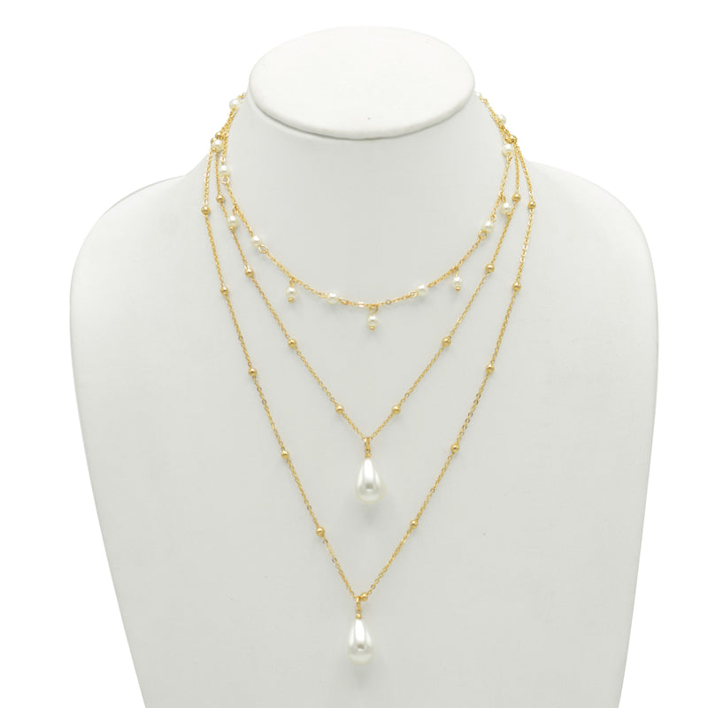GOLD AND CREAM PEARL 3 ROW LAYER NECKLACE