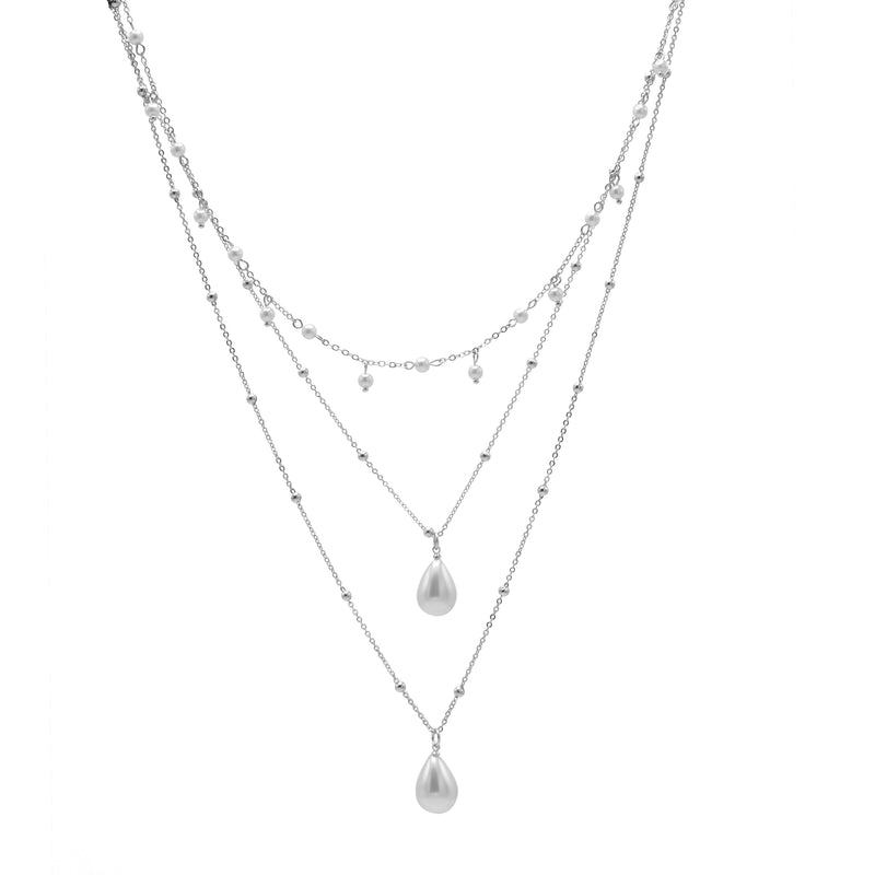 RHODIUM AND CREAM PEARL 3 ROW LAYER NECKLACE