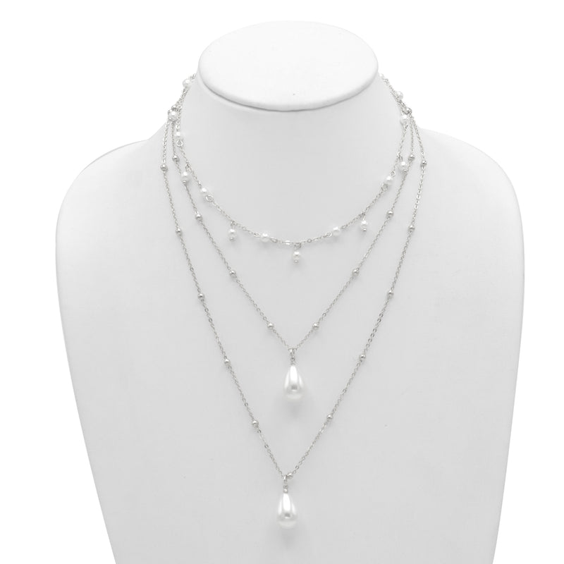 RHODIUM AND CREAM PEARL 3 ROW LAYER NECKLACE