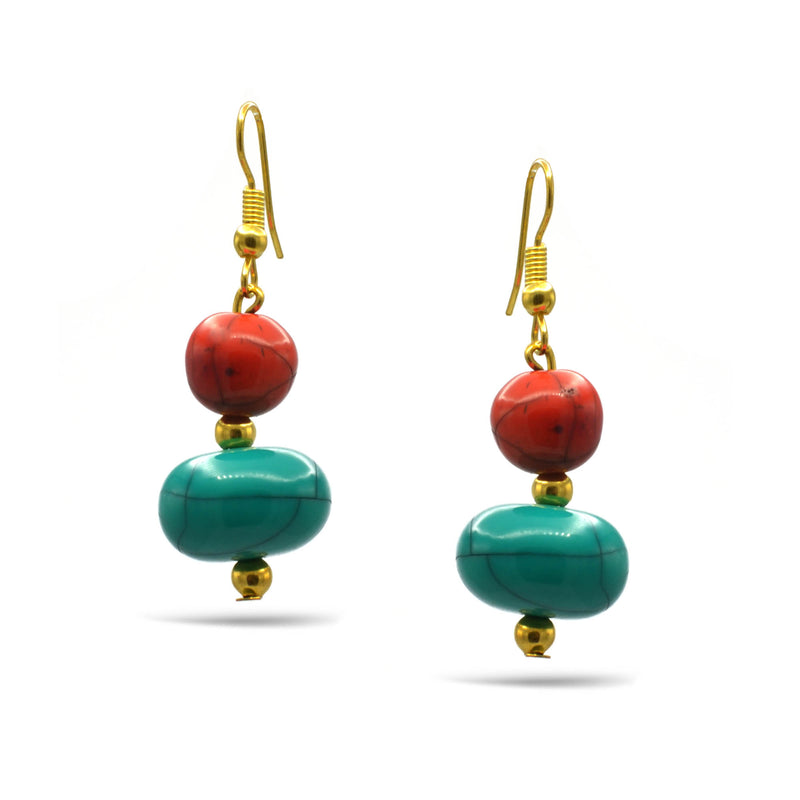 TURQUOISE & CORAL RESIN BEADS DROP EARRINGS