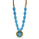 BLUE & BROWN BEADS WITH ROUND GOLD TURQUOISE PENDANT NECKLACE