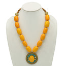 AMBER & BROWN BEADS WITH ROUND GOLD AMBER PENDANT NECKLACE