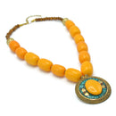 AMBER & BROWN BEADS WITH ROUND GOLD AMBER PENDANT NECKLACE