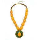 AMBER & BROWN BEADS WITH ROUND GOLD AMBER PENDANT NECKLACE