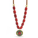 CORAL &BROWN  BEADS WITH ROUND GOLD TURQUOISE AND CORAL PENDANT NECKLACE