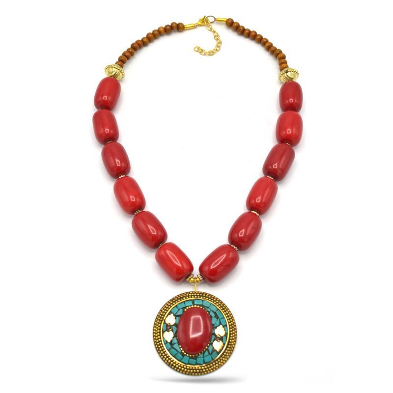 CORAL &BROWN  BEADS WITH ROUND GOLD TURQUOISE AND CORAL PENDANT NECKLACE