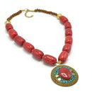 CORAL &BROWN  BEADS WITH ROUND GOLD TURQUOISE AND CORAL PENDANT NECKLACE